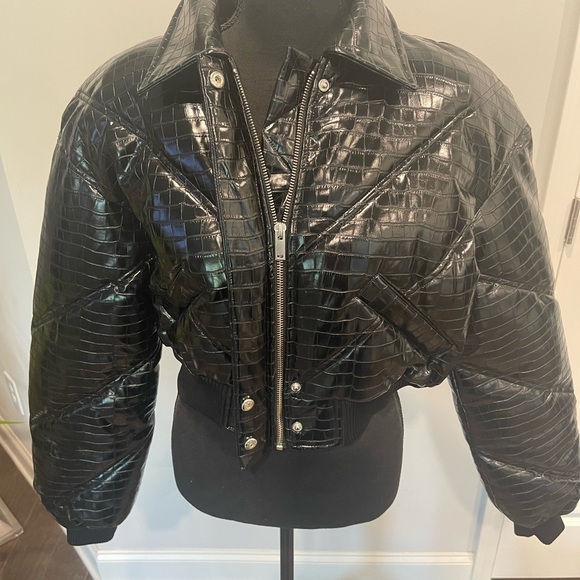 Rosa Croc-effect Bomber Jacket by Rotate Birger Christensen. Cropped puffer - Picture 3 of 12